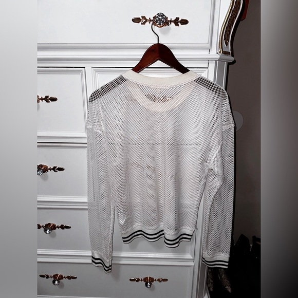 Truly Madly Deeply Open Knit Sweater, White with Striped Trim, Size Large - Picture 4 of 17